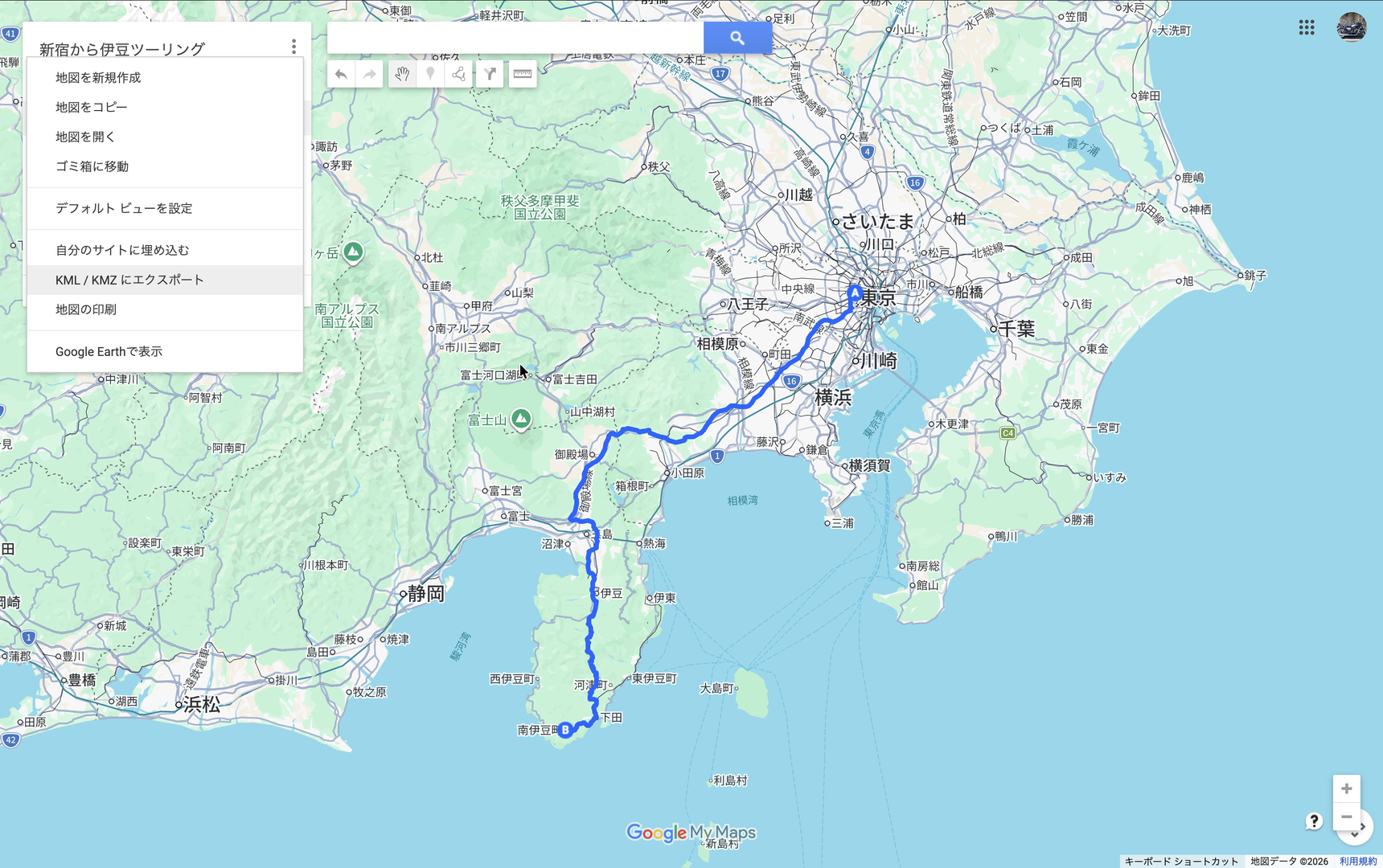 Google My MapsのメニューでKML/KMZにエクスポートを選択している画面